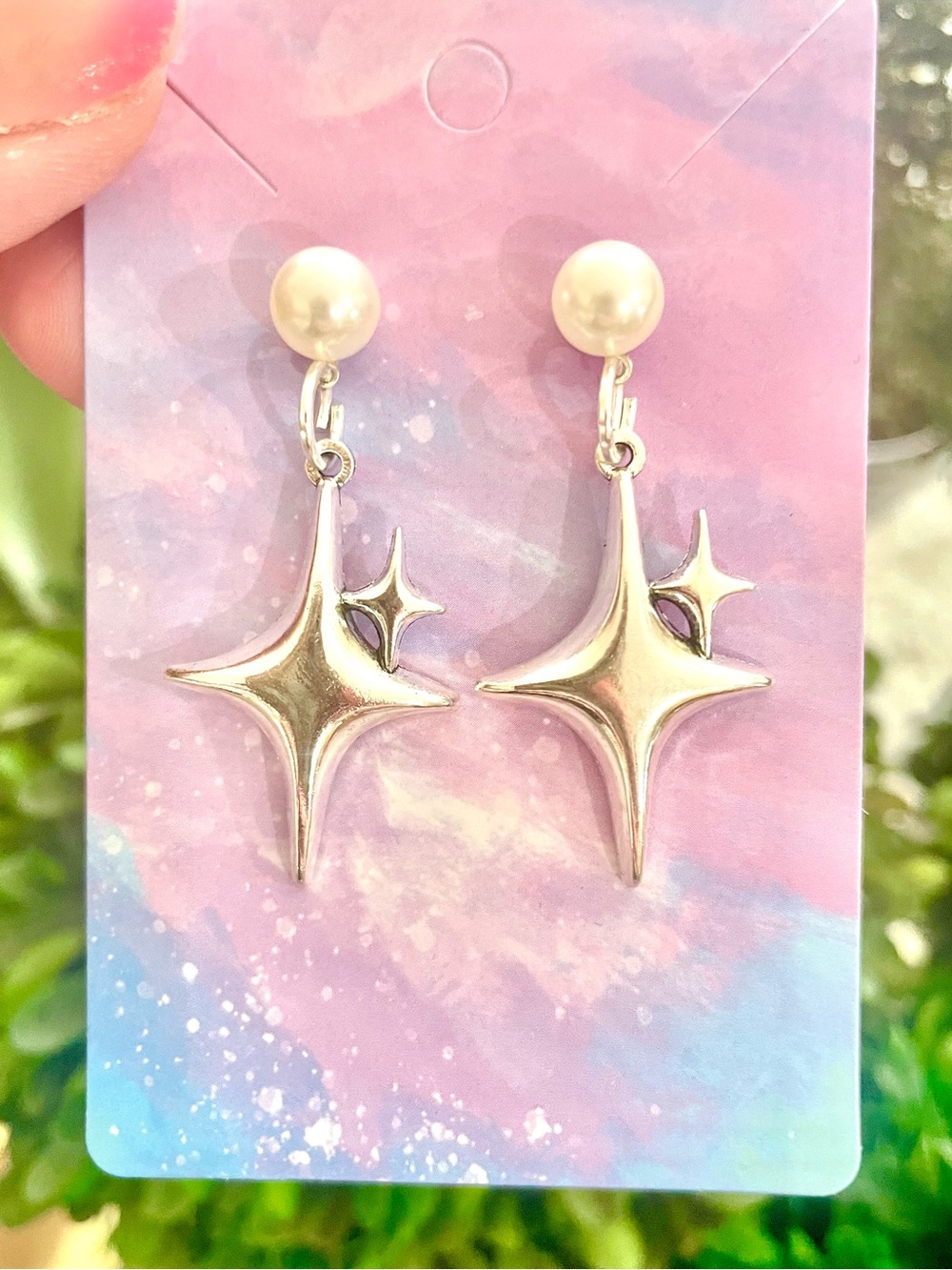 Pearl Silver Starburst Dangle Earrings
